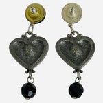 Vintage Silver Tone Black beads Heart Drop Dangle Stud Earrings Goth Whimsigoth