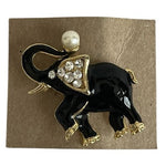 Vintage Black Enamel Elephant Brooch Clear Rhinestones Pearl 1.75"x1.5" Rare