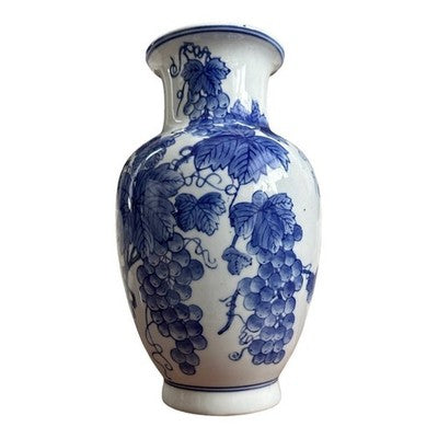 Vintage Blue White Grapes Grape Leaves Porcelain Vase China 12" Tall Collectible