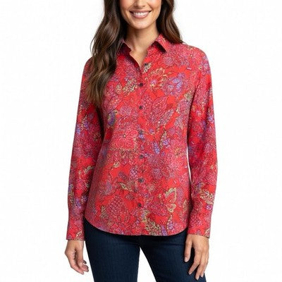 Lands' End Women's No Iron Supima Cotton Paisley Floral Blouse 10 Long Sleeve EX