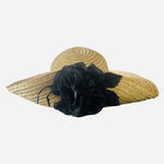 Vintage Wide Brim Natural Straw Sun Hat Black Satin Rose Flower Accent VG