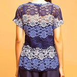 Eva Franco Peplum Top M Striped Lace Floral Short Sleeve USA Made Excellent