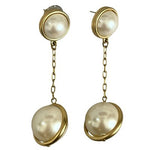 Vintage Gold Tone Double Faux Pearl Dangle Drop Stud Earrings Pendulum Chain VG