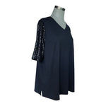 Quacker Factory Women's Black V-Neck Top Sequin Elbow 3/4 Sleeve Tunic Shirt XL
