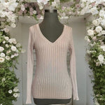 WHITE HOUSE BLACK MARKET Women Sweater S Pink Metallic Ribbed V Neck Pullover VG