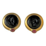 Vintage Gold Tone Black Cameo Clip Earrings Roman Profile Pink Stone 1.25x1.5"
