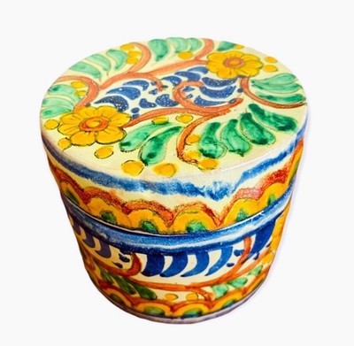 Mexican Pottery Jewelry Box Hand Painted Floral Trinket Vanity Folk Art Covered