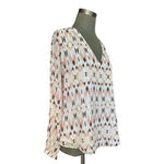 White House Black Market Ivory Geometric Print Slit-Sleeve V-Neck Blouse Top