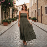 AMASOO Military Green Off Shoulder Tiered Maxi Dress Womens Size 6 NWT