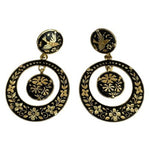 Vintage Black Gold Enamel Floral Bird Drop Earrings Circular Statement Boho EXC