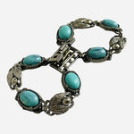 7.5" Vintage Double Layered Turquoise Silver Tone Panel Link Cuff Bracelet