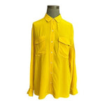 Tommy Bahama Women's Yellow Silk Button Down Blouse L Long Sleeve Pockets VG