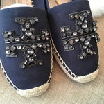 TORY BURCH Ines Embellished Logo Espadrille Flats Navy Canvas Size 5.5 NIB