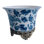 Rare Vintage Blue White Porcelain Pedestal Planter China Floral 8.5" Gold Trim