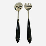 Mid Century Modern Stainless Steel Salad Serving Set Black Handles Vintage