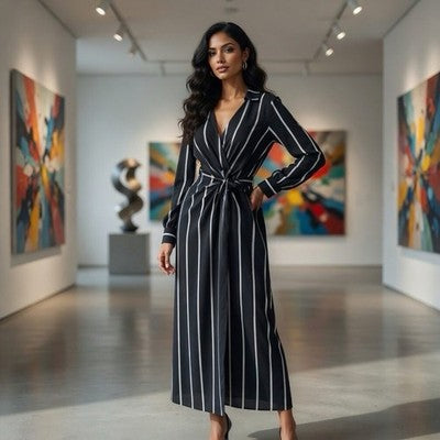 Boston Proper Black White Striped Wrap Tie Waist Dress Women’s Maxi Dress M EXC