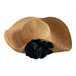Vintage Wide Brim Natural Straw Sun Hat Black Satin Rose Flower Accent VG