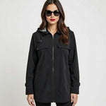 GALLERY Womens Jacket M Black Removable Lining Hood Long Sleeve Zip Coat VG
