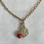 Vintage Gold-Tone Leaf and Red Cherry Bead Charm Necklace With Velvet Pouch NWOT