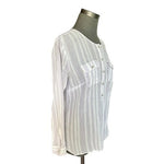 Ann Taylor LOFT Purple White Striped Cotton Utility Blouse Pockets Women Sz M VG