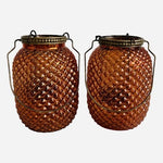 Pair of 5" Amber Diamond Point Glass Candle Holder Lanterns with Metal Handles