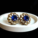 Vintage Gold-Tone Flower Screw Back Earrings with Blue Glass Rhinestones