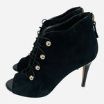 WHBM Peyton Black Suede Stiletto Peep Toe Ankle Bootie Gold Detail Size 7M VG