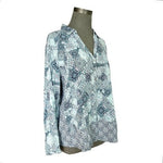 J. Jill Blue Medallion Print Popover Tunic Blouse Long Sleeve Rayon Sz L Petite