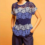 Eva Franco Peplum Top M Striped Lace Floral Short Sleeve USA Made Excellent