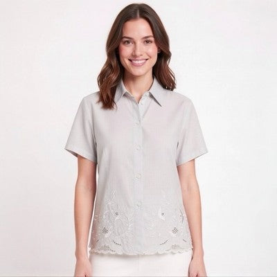 Vintage Marie Clare Gray Floral Embroidered Button Front Blouse Womens Sz 12 NWT