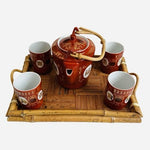 Vintage Chinese Red White Porcelain Tea Set Kettle 4 Cups Bamboo Tray Taiwan VG