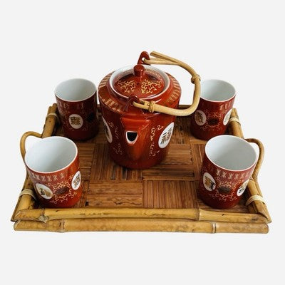 Vintage Chinese Red White Porcelain Tea Set Kettle 4 Cups Bamboo Tray Taiwan VG