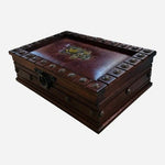 Vintage Wood Brass Leather Jewelry Box 10” Mini Chest Storage Case Velvet Lined