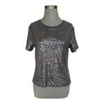DKNY Sequin Embellished Tee Gray Sparkle Short Sleeve Top Womens M VG