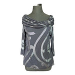 MSK Grey Metallic Print Off Shoulder Draped Cowl Neck Top Rhinestone Sz L VG