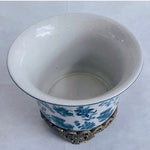 Rare Vintage Blue White Porcelain Pedestal Planter China Floral 8.5" Gold Trim