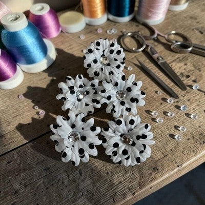 Black & White Polka Dot Fabric Flower Appliques 5pc DIY Craft 2.25in New