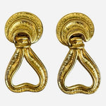 Vintage 80s Gold Tone Door Knocker Dangle Clip On Earrings 2" Textured Statement