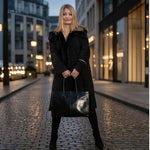 Women's Black Prima Pelle Shearling Fur Trim Wrap Coat Belted Long Jacket Size M