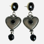 Vintage Silver Tone Black beads Heart Drop Dangle Stud Earrings Goth Whimsigoth