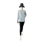 LOFT Softened Striped Henley Shirt Size L White Navy Blue Stripe Cotton VG