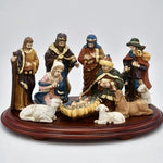 World Bazaar Crown 11pc Porcelain Nativity Set Wood Base Wise Men Mary Jesus