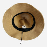 100% Linen Cloche Bucket Sun Hat Black Leather Cord Trim Tan Woven One Size VG