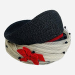 Vintage 50s 60s Dark Blue Straw Whimsy Pillbox Hat Polka Dot Net Veil Red Bow VG