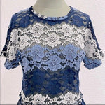 Eva Franco Peplum Top M Striped Lace Floral Short Sleeve USA Made Excellent