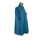 Quacker Factory Knit Denim Button Up Shirt Teal Blue Stretch Rhinestones L