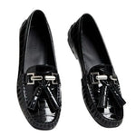 Stuart Weitzman Rascal Black Patent Croc Embossed Tassel Loafers Driving Shoes