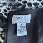 Carmen Marc Valvo Black Gray Leopard Print Ruched Midi Dress Women's Size M