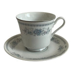 Christine Fine Porcelain China Japan Teacup Saucer Set Blue Floral Platinum VG