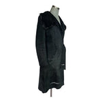 Women's Black Prima Pelle Shearling Fur Trim Wrap Coat Belted Long Jacket Size M